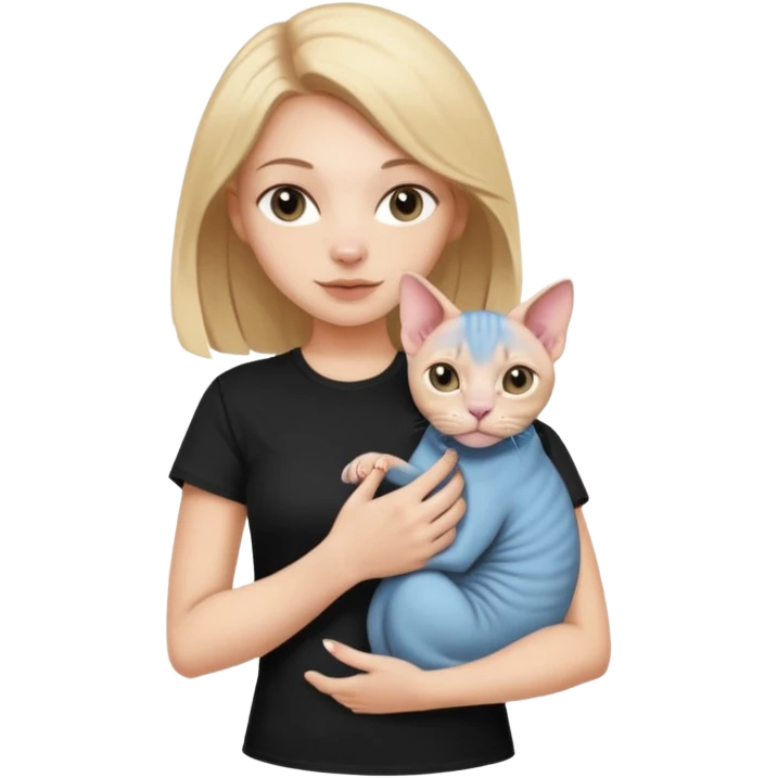 A white girl with light hair in black T-shirt is holding a Sphynx girl cat in her arms emoji