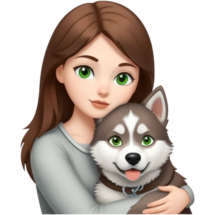 White girl white Green eyes and brown hair make a hug to a husky white ans grey white brown eyes  emoji