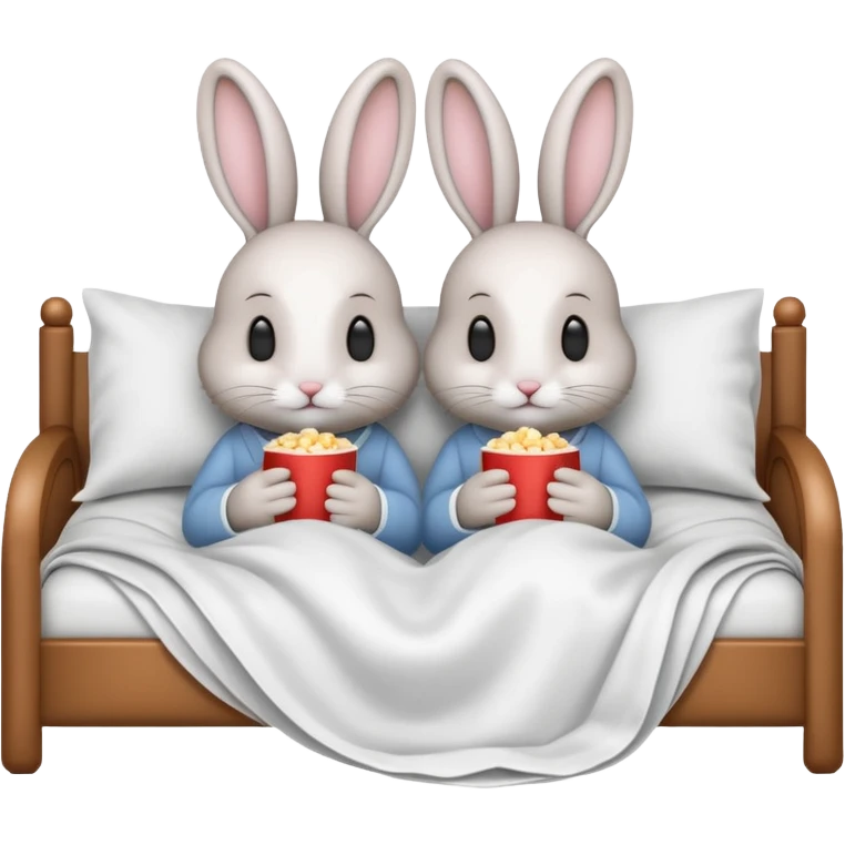 Two bunnies snuggling in bed under blanket while watching a movie emoji