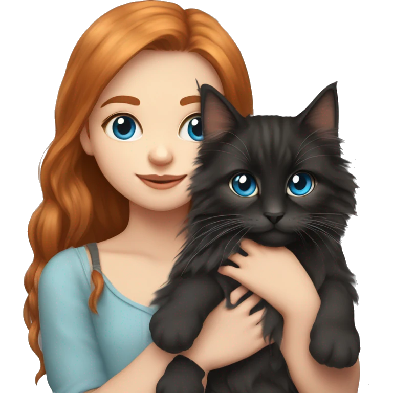 Cute girl with long ginger hair and blue eyes Holds in her arms Black Maine coon emoji