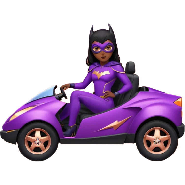 Hot full size real-appearance racing action (Darkness in her soul) BatGirl’s feminine midnight-purple tight outfit sixty’s tv show 1992 stealth retro cat burglar sporty petite off-road pursuit mobile cruiser car rose gold accents (black hair,reclined and relaxed seating position and attitude) desert emoji