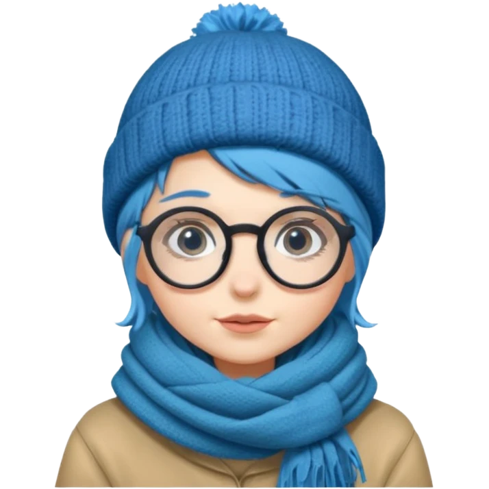 A shy blue straight hair woman with big round glasses and thick scarf and a beanie, blushing from the cold. emoji