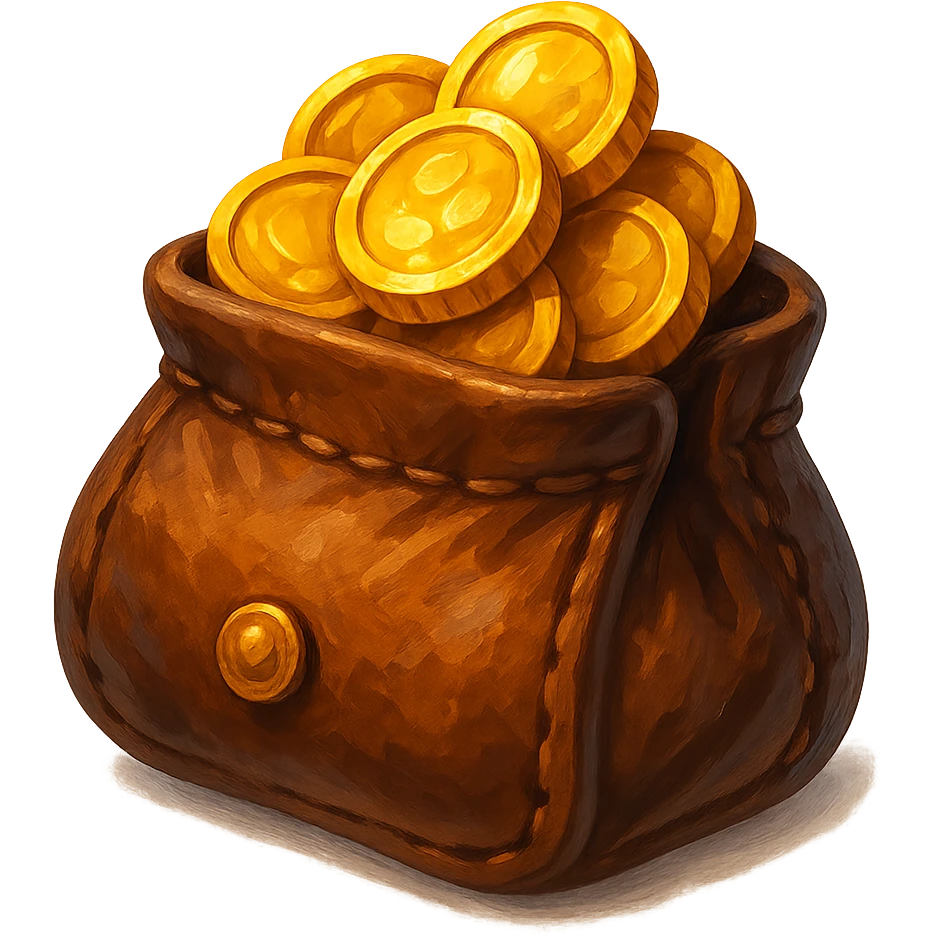 В cлегка рисованной, но при этом объемной и яркой стилистике сгенерируй картинку кожаного кошелька, из которого торчат золотые монеты. Они должны выглядеть не как пластмассовые, а как настоящее золото. Прозрачный фон emoji