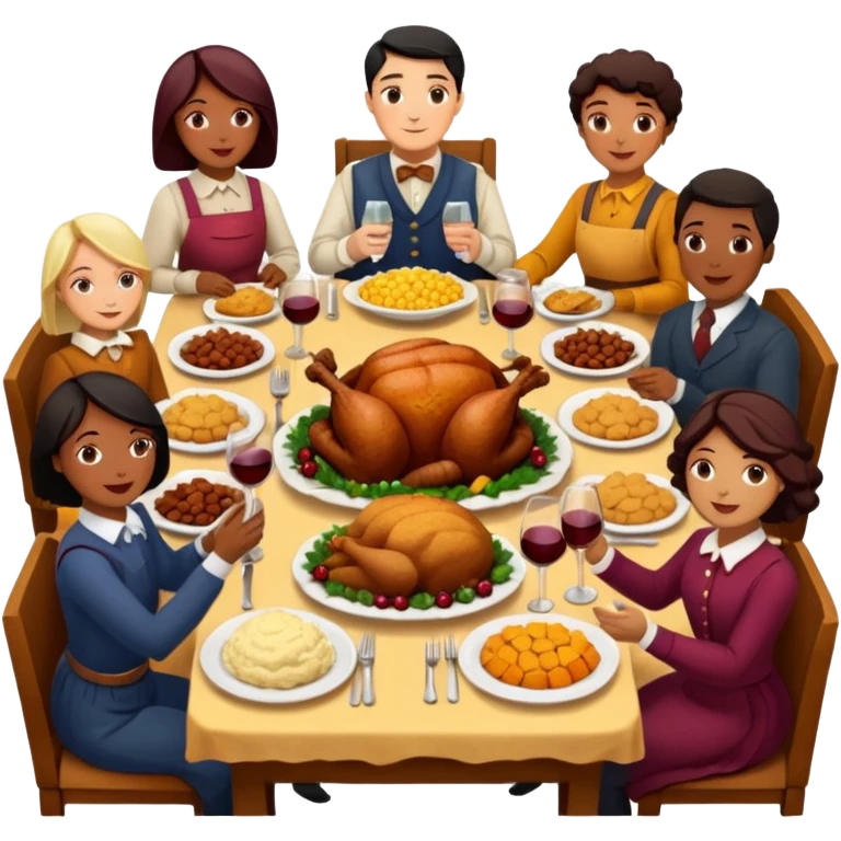 Thanksgiving Dinner with 10 people of different skin color around the table; have the food be a cooked turkey, mashed potatoes, corn, a basket of biscuits, a small bowl of cranberry sauce, baked yams, steamed vegetables, and a bottle of wine. emoji