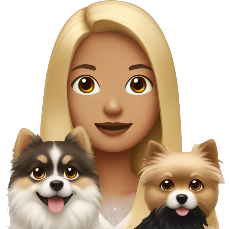 Blonde girl holding a white/brown pomeranian and a black pomeranian  emoji