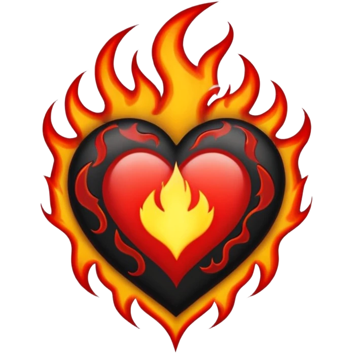 Black and red heart with flames tattoo style emoji