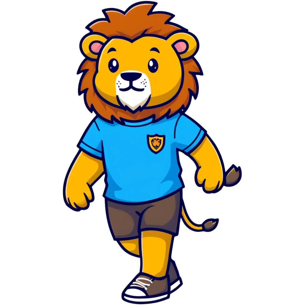 retro 1950s anthropomorphised lion in a t-shirt and shorts walking emoji