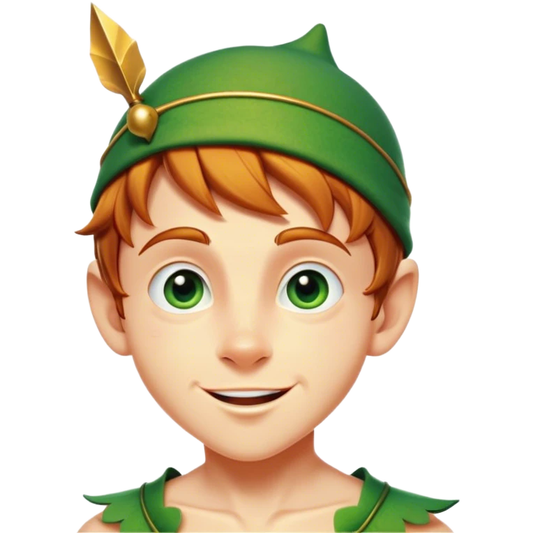 Cinematic Realistic Peter Pan Portrait, head tilted dramatically with an exaggeratedly amused expression, featuring sparkling eyes filled with playful mischief. His iconic outfit is rendered in vivid detail with dynamic shadows, capturing the delightful interplay of bravery and whimsy that defines his timeless character. emoji