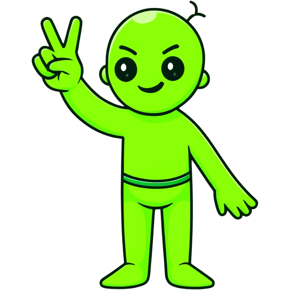 Hilarious green mutant with three arms making peace signs emoji