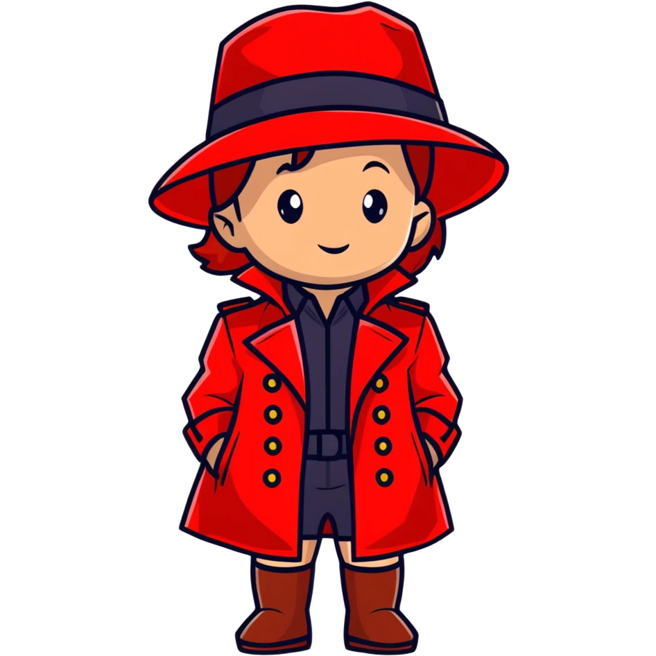 Baby Carmen Sandiego in red trench coat and hat, cute detective emoji