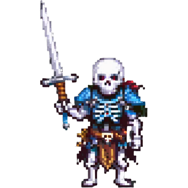 pixel art skeleton warrior wielding a sword, classic RPG look emoji