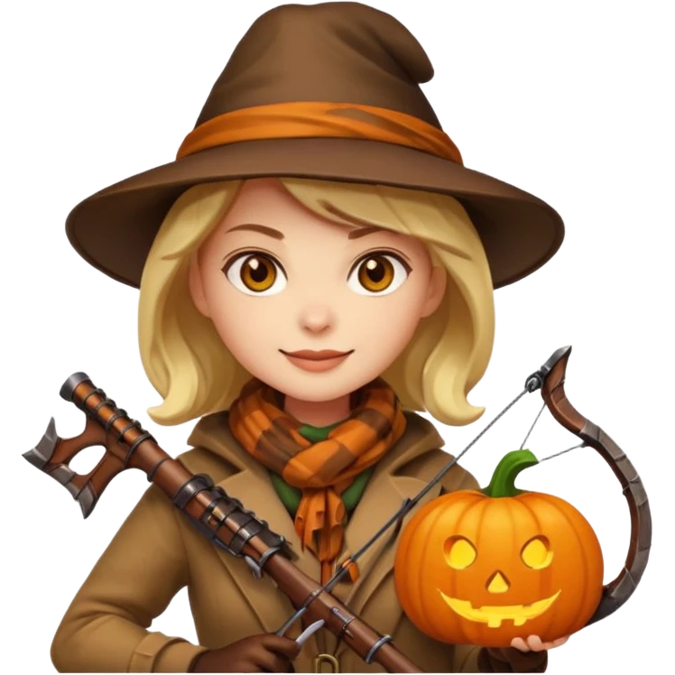 female human monster hunter emoji, wearing brown coat and hat, holding crossbow, soft smile, scarf, glowing pumpkin by her side, Halloween fantasy style, clean vector Apple emoji look, bright colors, white background, square emoji
