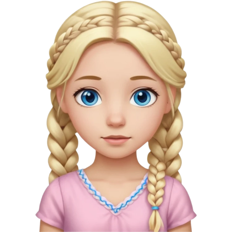 فتاة لون عيونها ازرق ولون شعرها اشقر طويل و تسريحة الشعر ضفرتين ولابسة فستان وردي فاتح  emoji