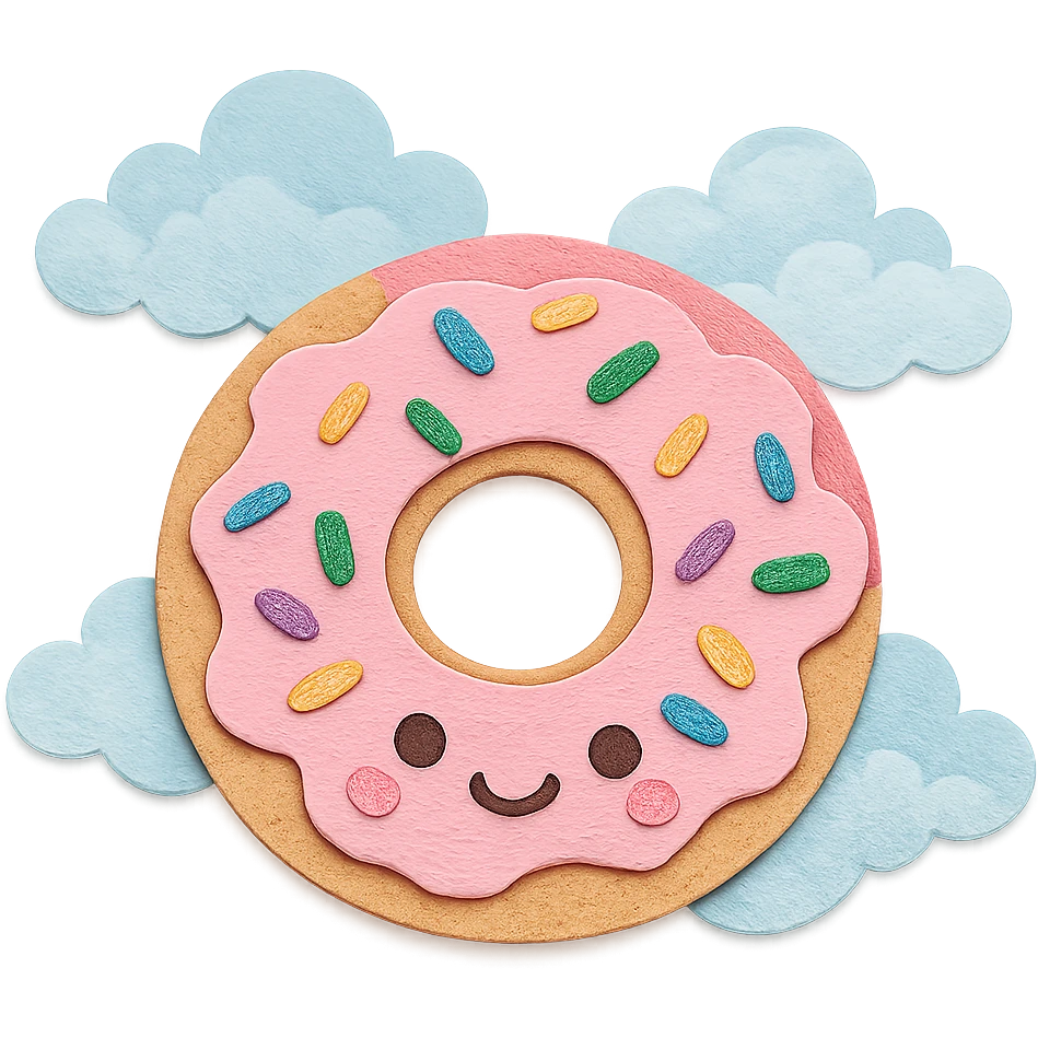 kawaii donut with rainbow sprinkles and happy face, floating in a dreamy cloud background, paper craft style emoji