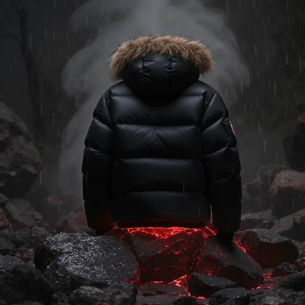cinematic still of a black puffer jacket around black stone with red coal temeperature environment, back red light emoji
