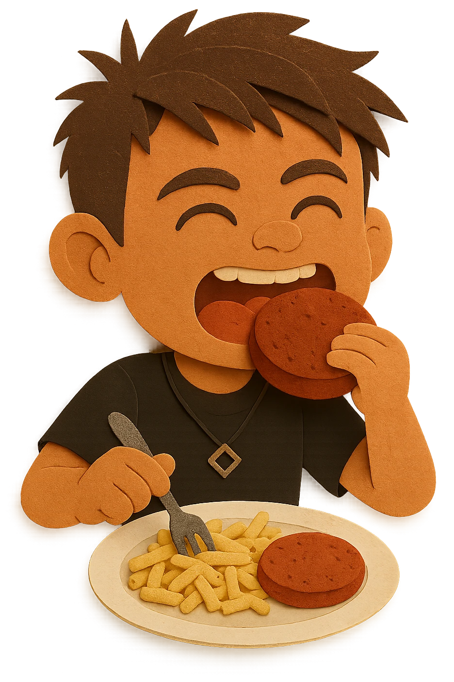 The same boy is now greedily chewing the meat patty emoji