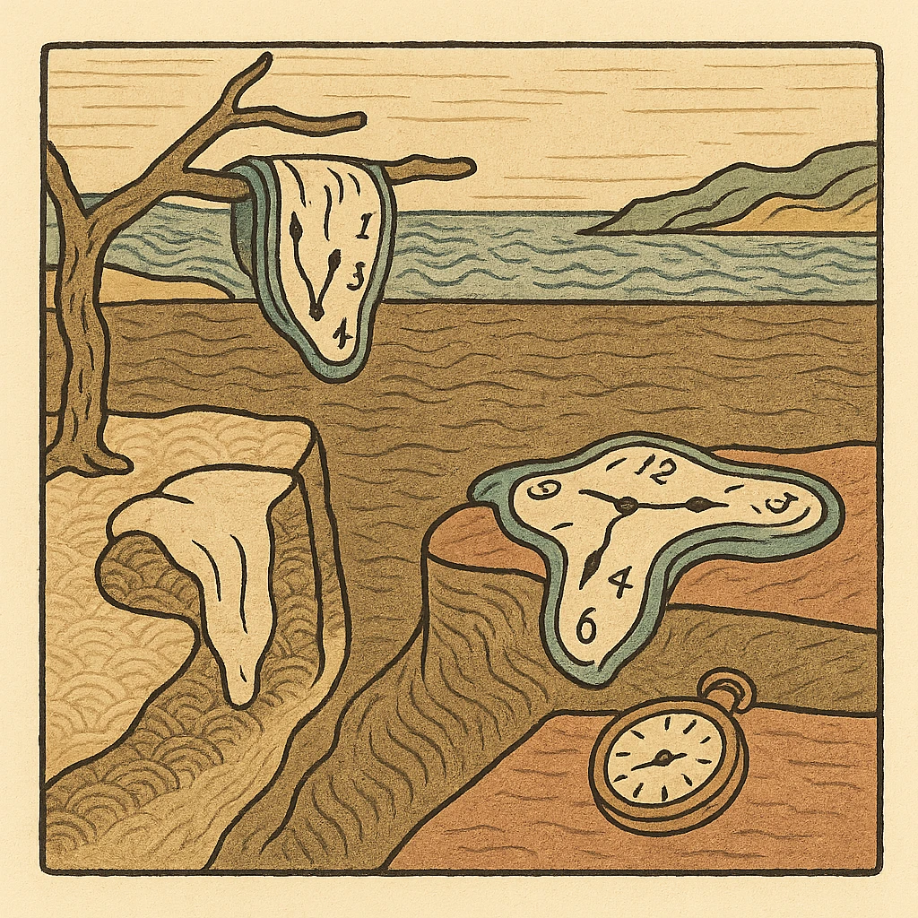melting clock, inspired by Dali's Persistence of Memory, ukiyo-e style emoji