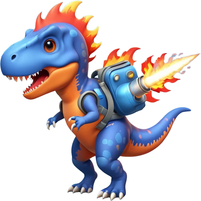 rocket-propelled dinosaur character, cute T-rex, rocket pack on its back, flames and smoke trail, dynamic flying pose, 3D cartoon, mobile game icon style, clean background, no text, no watermark
 emoji