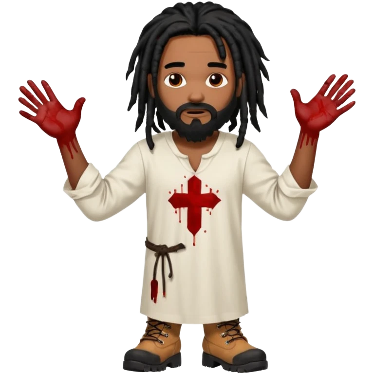 African American man with shoulder length black dreadlocks with black beard wearing a white tunic with blood on it wearing timberland boots with hands out emoji