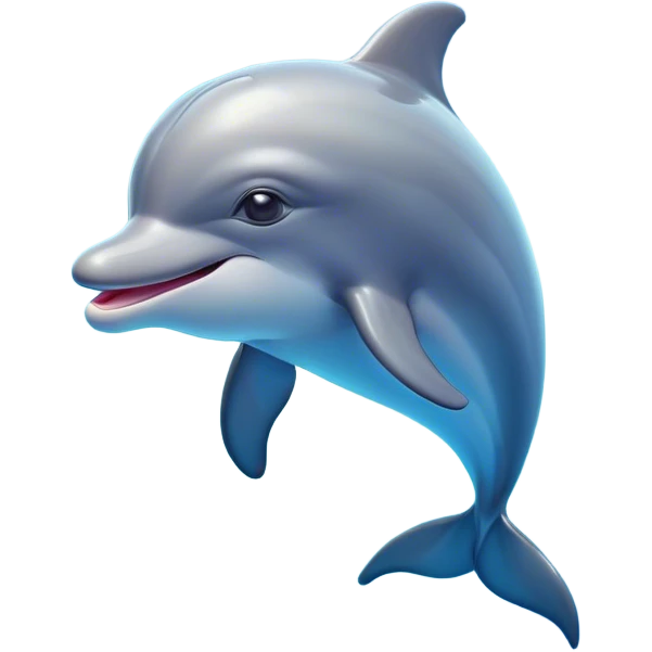 Cinematic Cute Bottlenose Dolphin Portrait Emoji, Head tilted playfully and inquisitively, featuring a charming, shiny glossy body with smooth, gleaming skin and round, sparkling eyes full of playful wonder, Simplified yet irresistibly adorable features, highly detailed, glowing with a warm, inviting aquatic glow, high shine, affectionate and lively, stylized with a touch of whimsical marine charm, soft glowing outline, capturing the essence of a mischievous yet endearing dolphin that seems as if it could splash out of the screen into your arms! emoji