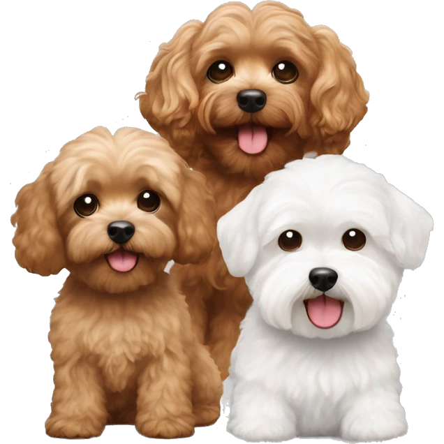 Brown maltipoo & white maltipoo & short haired white man & long red hair white woman emoji