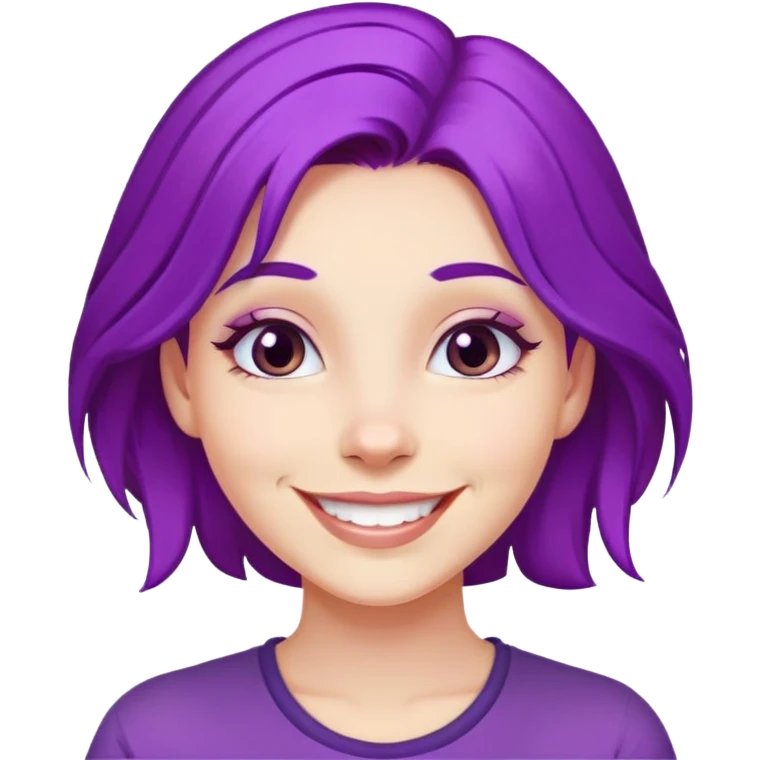 A girl with vibrant purple hair, smiling face emoji