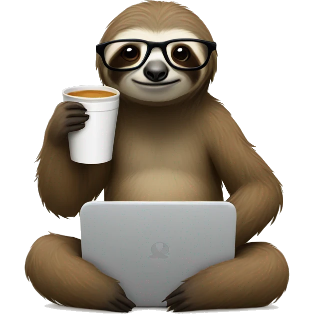 tired sloth wearing glasses with laptop and espresso tonic emoji