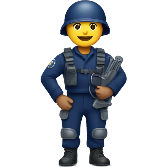 happy landmine clearance deminer holding metal detector looking for landmine. navy blue outfit.  emoji