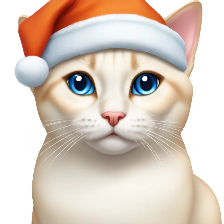 chubby flame point Siamese, white fur with orange accents and blue eyes wearing a red christmas hat  emoji