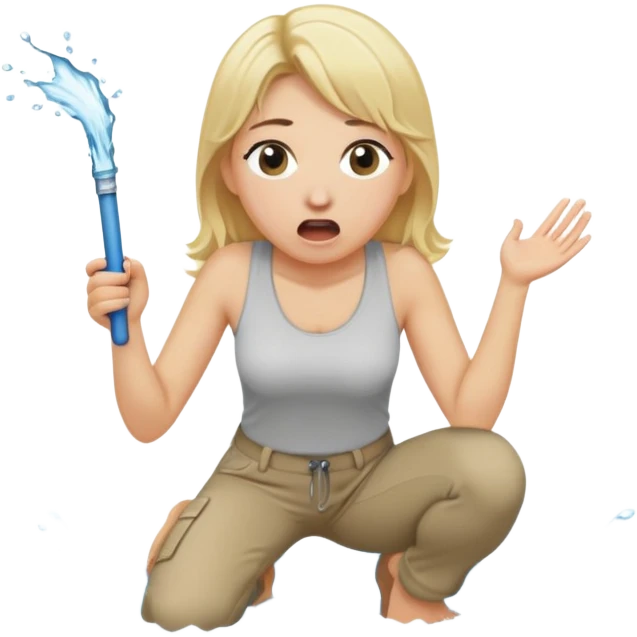 blond woman kneeling, surprised expression, a wide skin-colored stick with a D-shaped knob with skin texture coming out of a pair of pants hanging in front of her face, water stream squirting from the flat side of the knob into her open mouth emoji