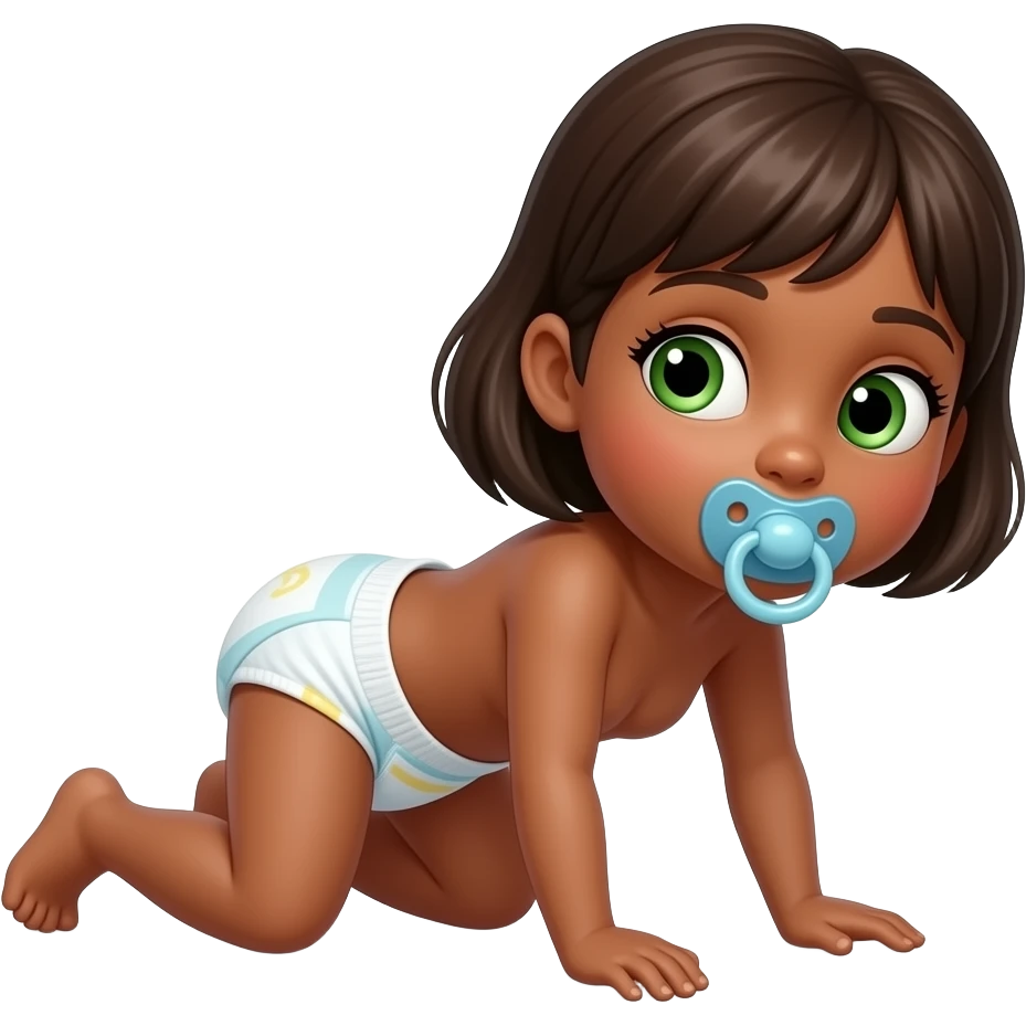 Brown-skinned green-eyed girl crawling and wearing a cloth diaper sucking on pacifier emoji