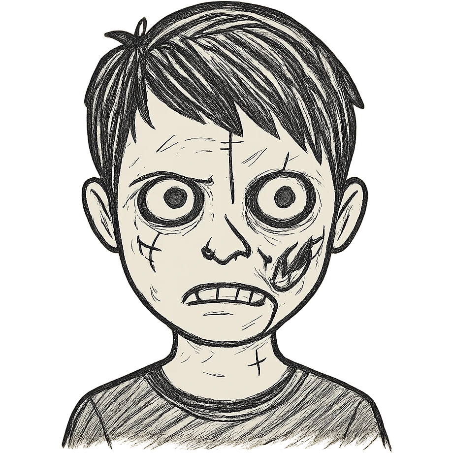 Add more zombie details such as greenish skin, visible stitches, and a scar. Keep the emo black hair and black shirt. No background. emoji