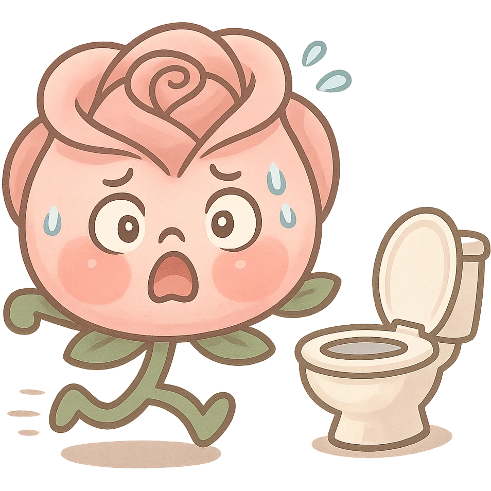 soft pink rose flower with puffed cheeks making a panicked toilet run, eyes bulging, legs dashing, pastel tones, chibi round shape emoji