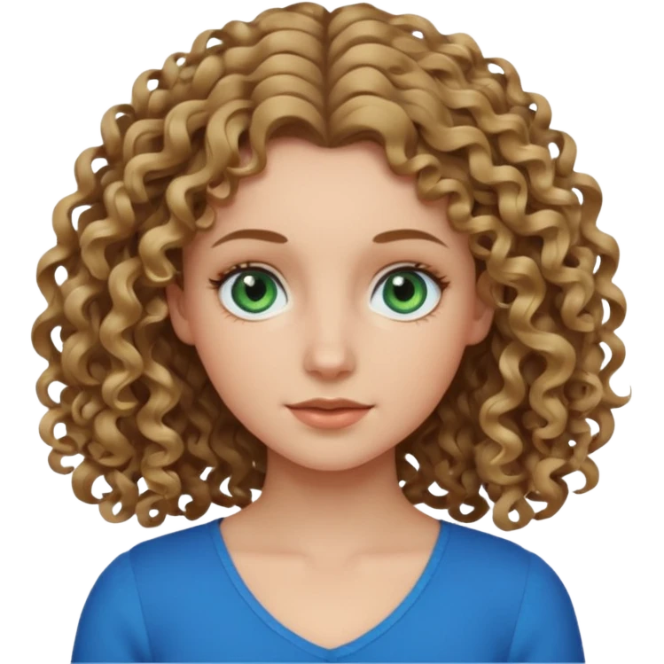 white girl with dark blonde shoulder length curly hair and blue-green eyes, neutral expression emoji