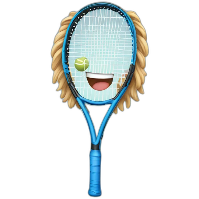 smiling tennis racket with long hair and blue eyes emoji