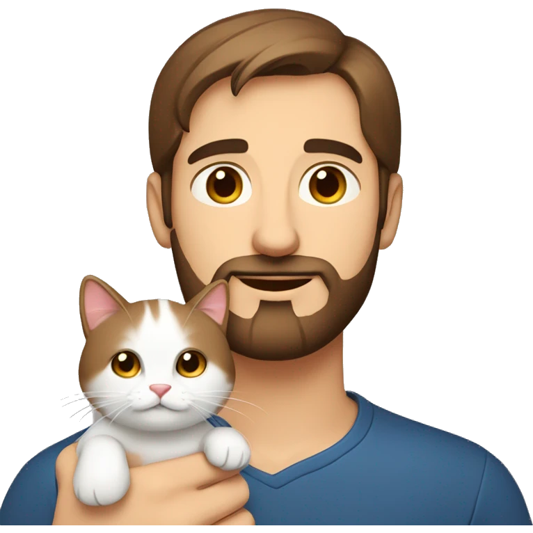 Russian brown hair man with beard holding cute small white and red cat emoji