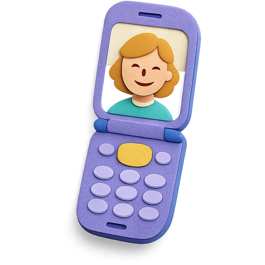 paper craft style Y2K folder phone, open, selfie on screen, layered paper look emoji