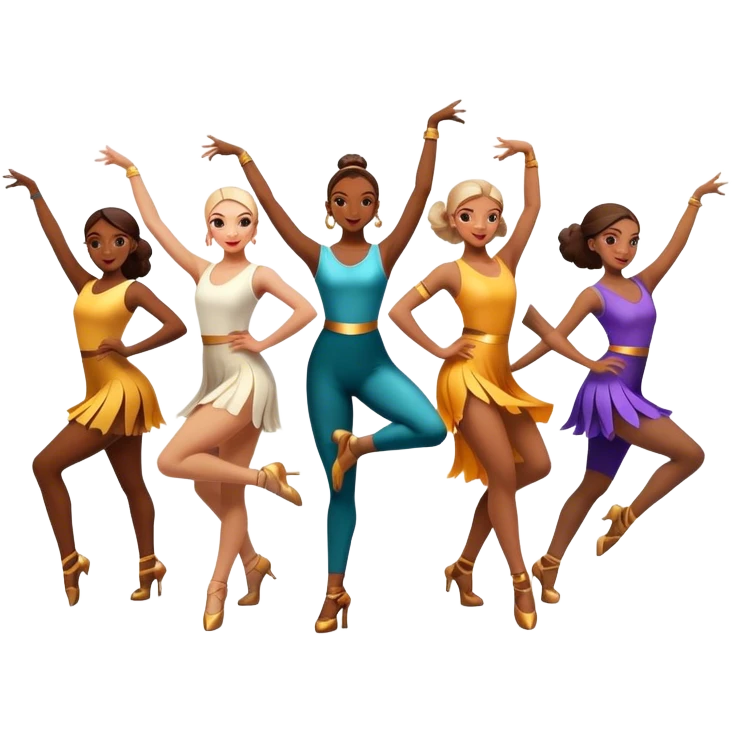 Icon for Contemporary Dance: a synchronized group dance performance with dancers in modern outfits, performing on stage with bright spotlighting and energetic movement. The icon should capture the dynamic and vibrant nature of contemporary dance. Transparent background. emoji