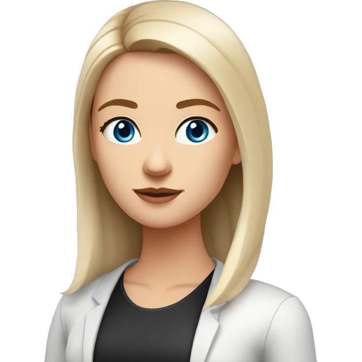 Slavic woman with blue eyes, eyes look up, fair skin, straight gradient medium length hair, eyes makeup, dressed in white T-shirt and office black jacket, one side of hair is tucked behind the ear. emoji