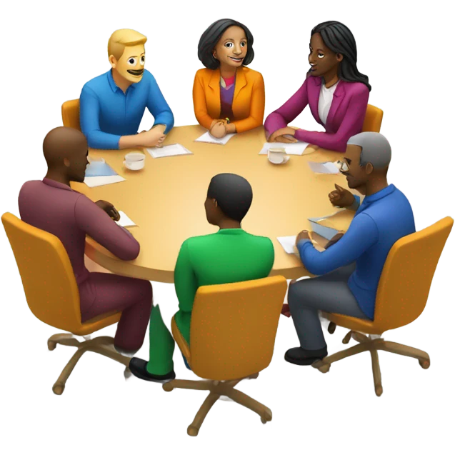 group discussion at a table colourful chairs emoji
