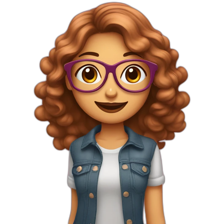 Chica de lentes, con expresión feliz, cabello marrón largo ondeado, labios color rosa oscuro, de tez trigueña reposando sus manos en la cabeza emoji