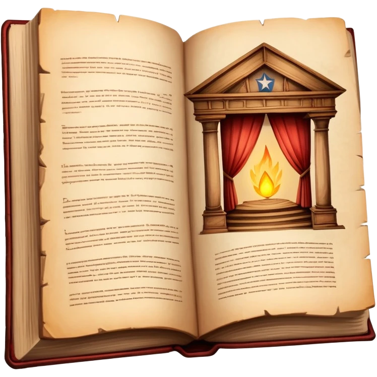 Ancient book open to display hand-drawn theatrical set design sketches on parchment pages, with Puerto Rican flag colors subtly incorporated, wooden theater elements, warm glowing aura emoji