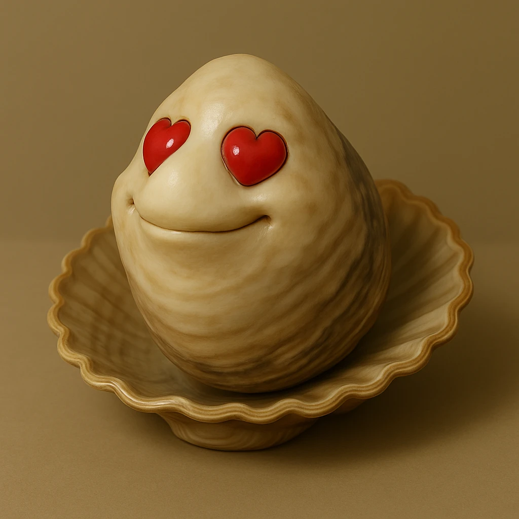 A cute oyster with a proud expression, chin raised, small smile, in photorealistic style. emoji