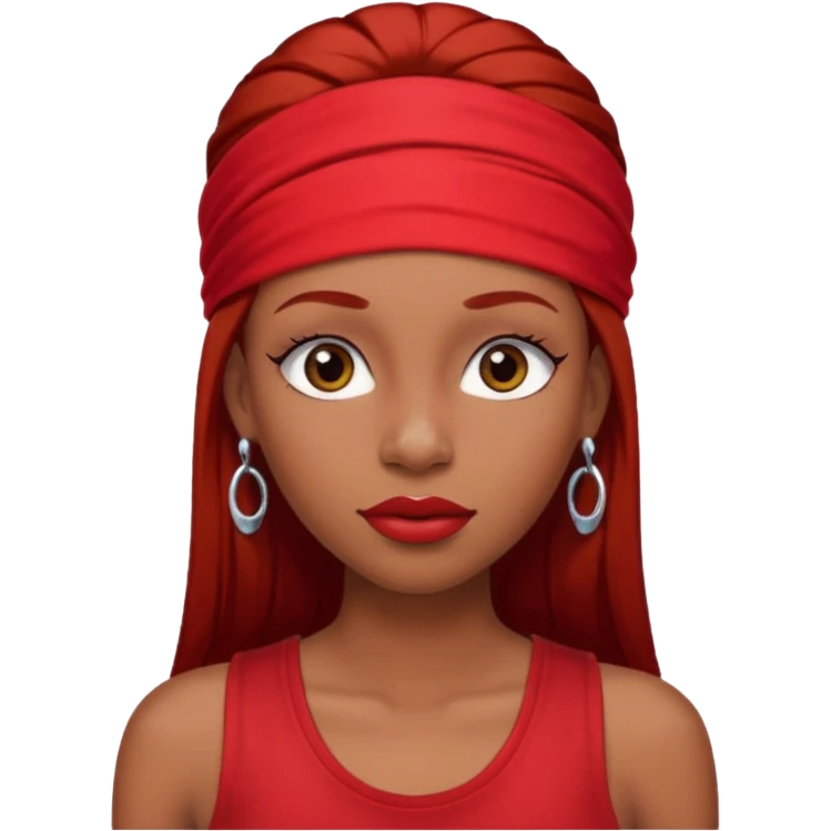 light-skinned black girl with long eyelashes with long strait dark brown hair with edges wearing a red top with no sleeves. and a red accessory on her head with nose and mouth piercings. emoji