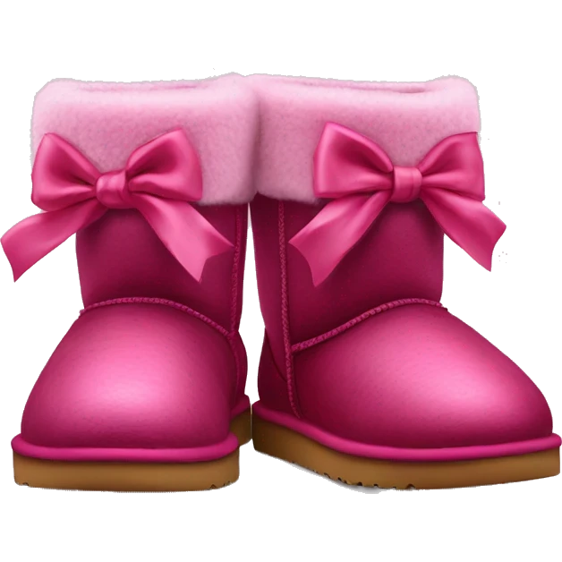 Realistic pair of raspberry color Ugg fur boots with silk ribbon bows. emoji