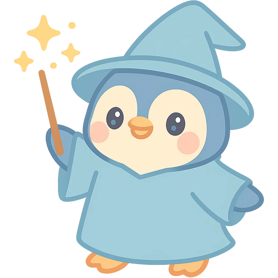 penguin wizard casting a spell, sparkles, blue robe, fantasy style emoji