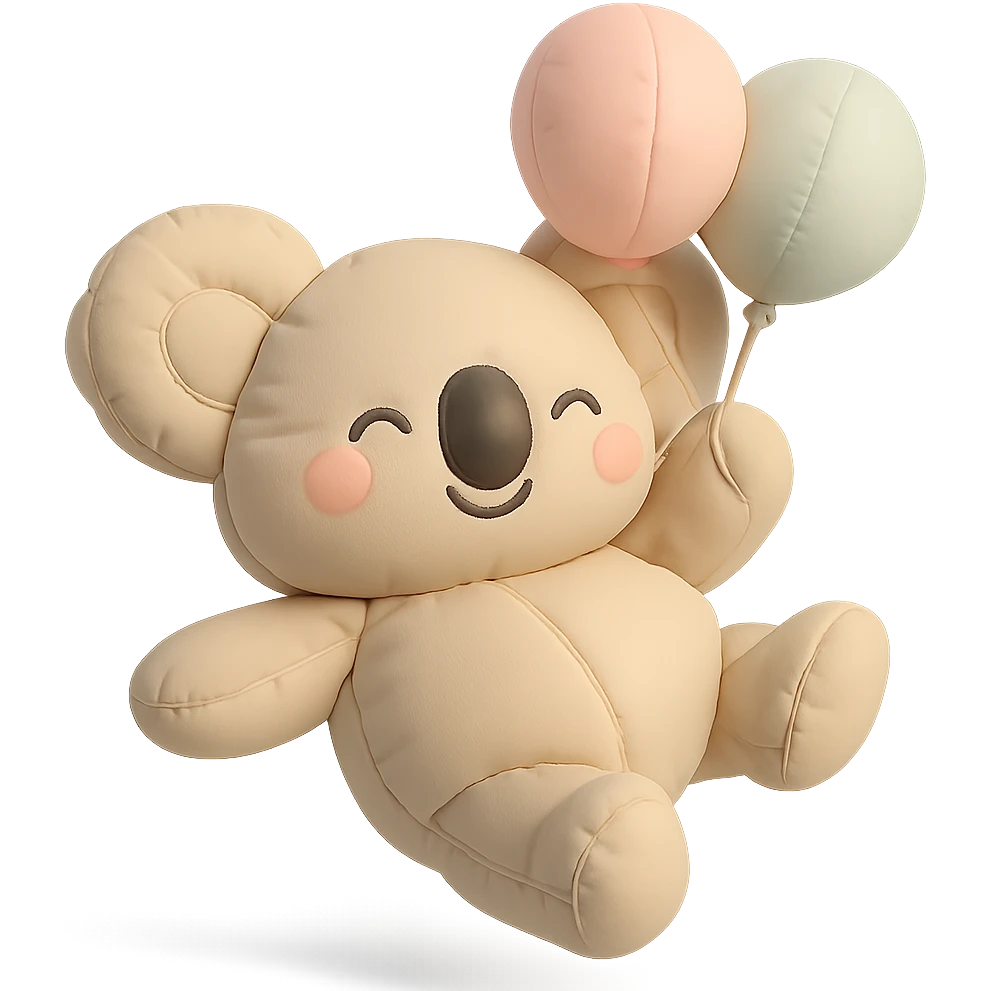 happy koala floating with pastel balloons in cushion style emoji