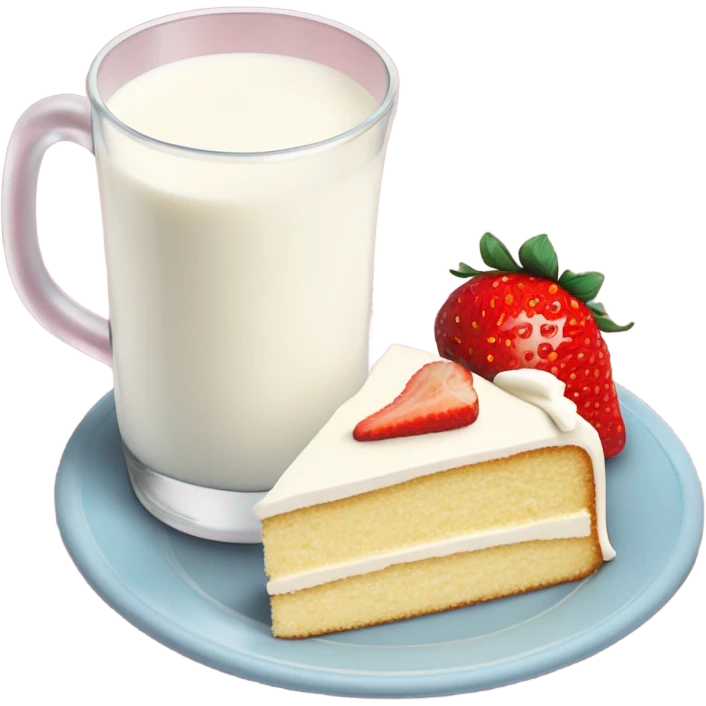 Milk at glass and vanilla cake strawberry at plate emoji
