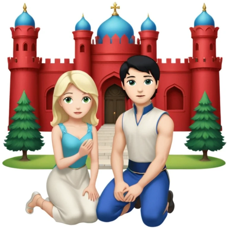 Man as prince, black Hair, blue eyes, woman, blonde, green eyes, shott white sleveless Dress, kneeling, background palace emoji