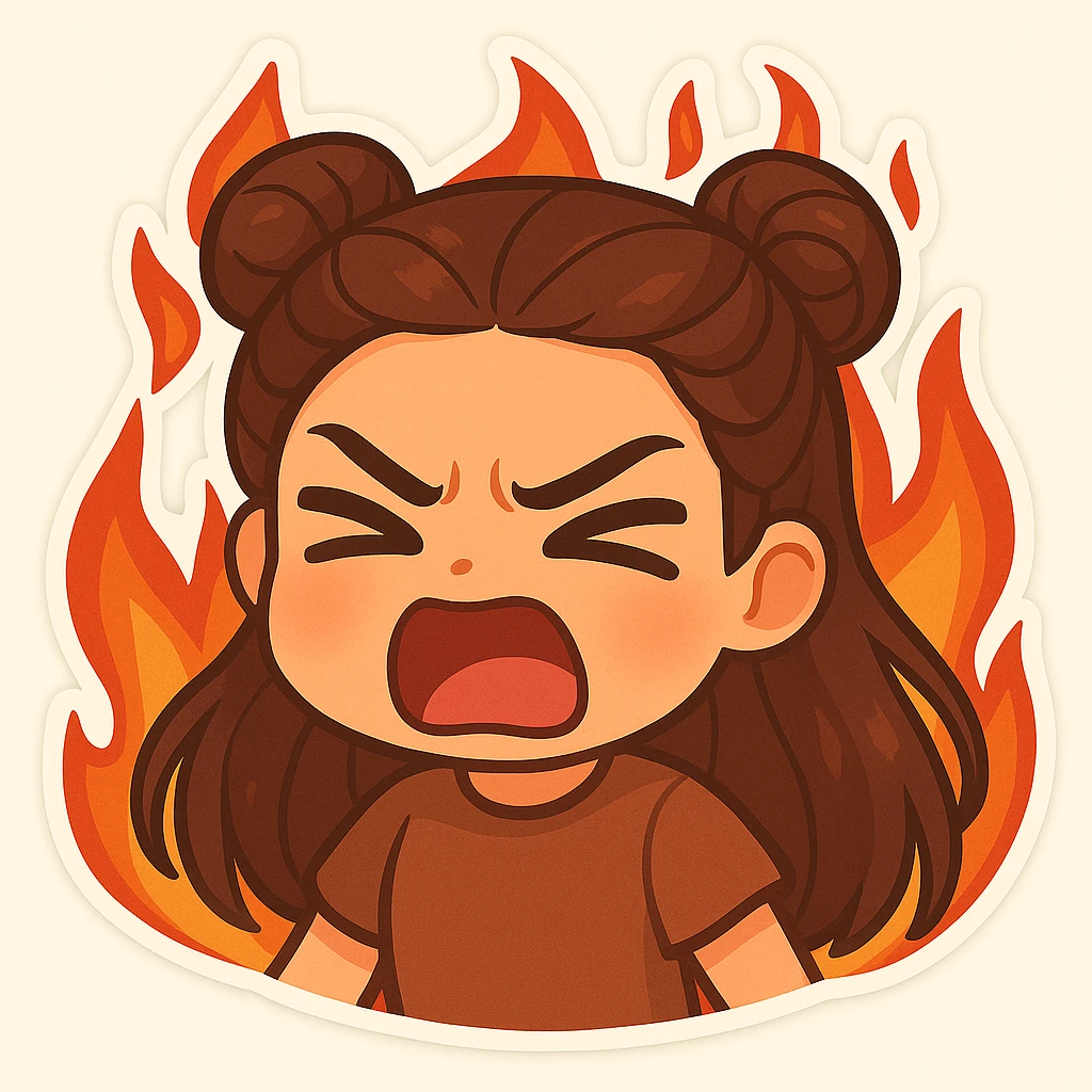 Create a chibi sticker of a girl with double bun hairstyle, same face and clothes as previous stickers, angry and screaming with a furious expression, surrounded by flames. emoji